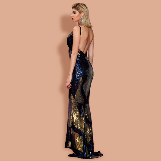 V-neck pattern sequined fishtail dress